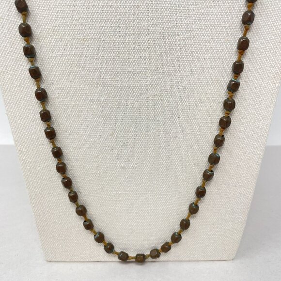 Brass Hollow Bead Necklace Long Length Patina Boho Vintage Hippie - Picture 3 of 10